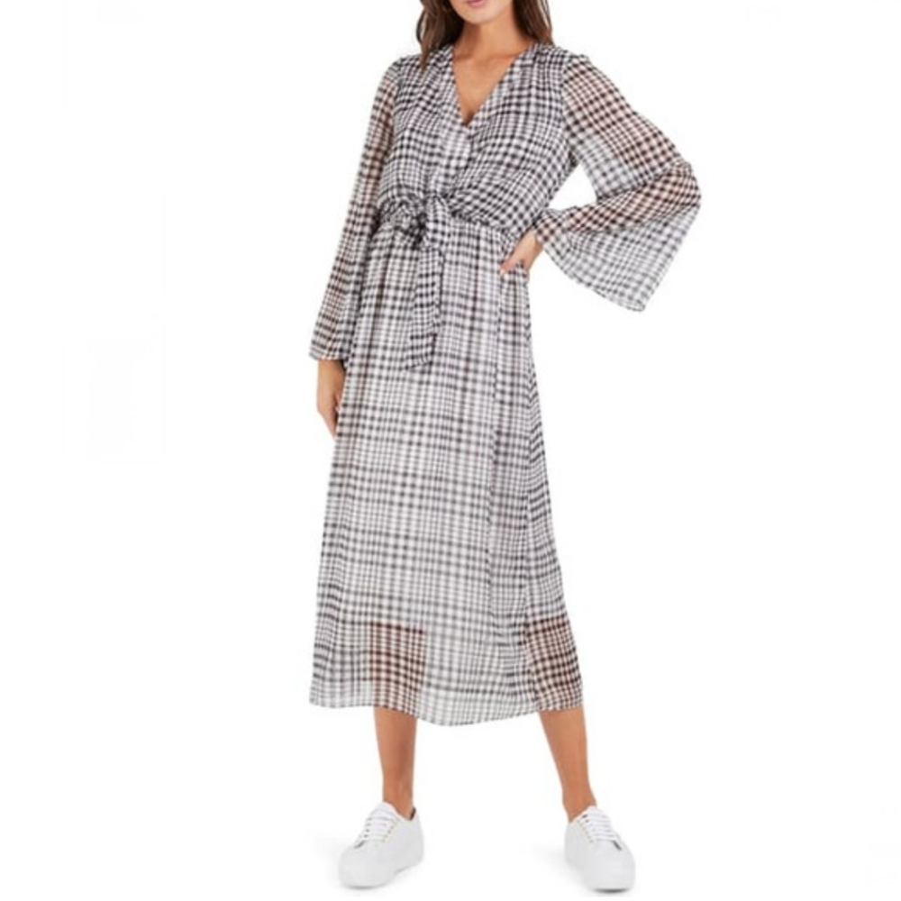 Cooper Street Wild Heart Plaid Long Sleeve Midi Dress Tie‎ Front